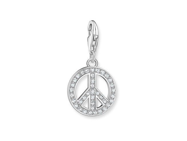 Thomas Sabo Charm-Anhänger in Sterling Silber mit Zirkonia in weiß, Motiv Peace-Zeichen, glänzende Oberfläche und geschickter Karabinerverschluss, ideal für individuelle Schmuckkreationen.
