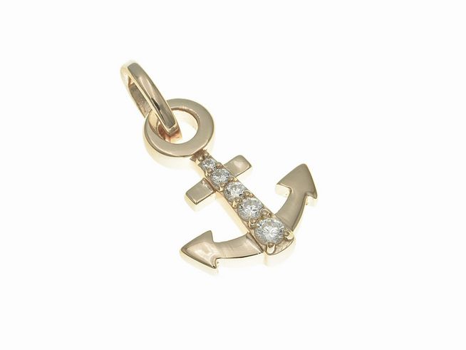 Anhänger aus poliertem Sterling Silber in Form eines Ankers, vergoldet in Roségold mit Zirkonia-Steinen, hergestellt von Juwelier Harnisch, ideal für maritimen Schmuck.
