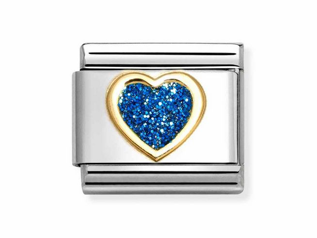 Blauer Emaille-Herz-Anhänger umrandet von Gelbgold auf einem Edelstahl-Basisarmband, hergestellt von Nomination, ideal für eine elegante und stilvolle Ergänzung.