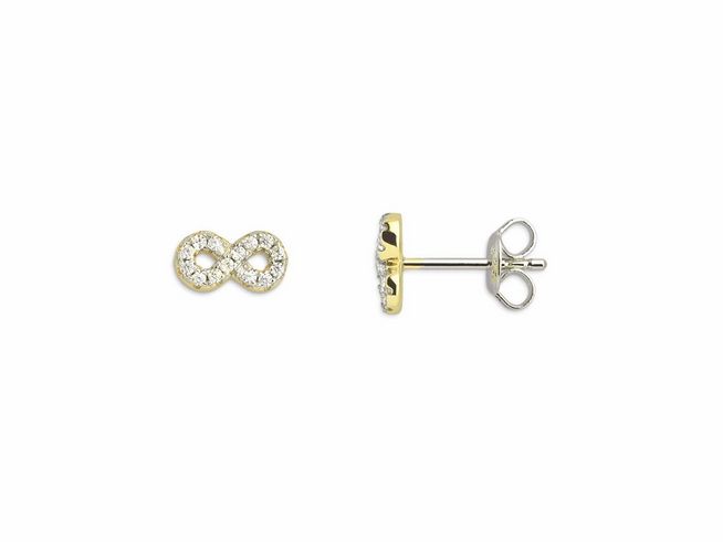Zwei Xenox Sterling Silber Ohrringe in gelbgold vergoldet mit Infinity-Symbol und glitzernden Steinen, detaillierte Ausführung und elegantes Design für Ohrschmuck.
