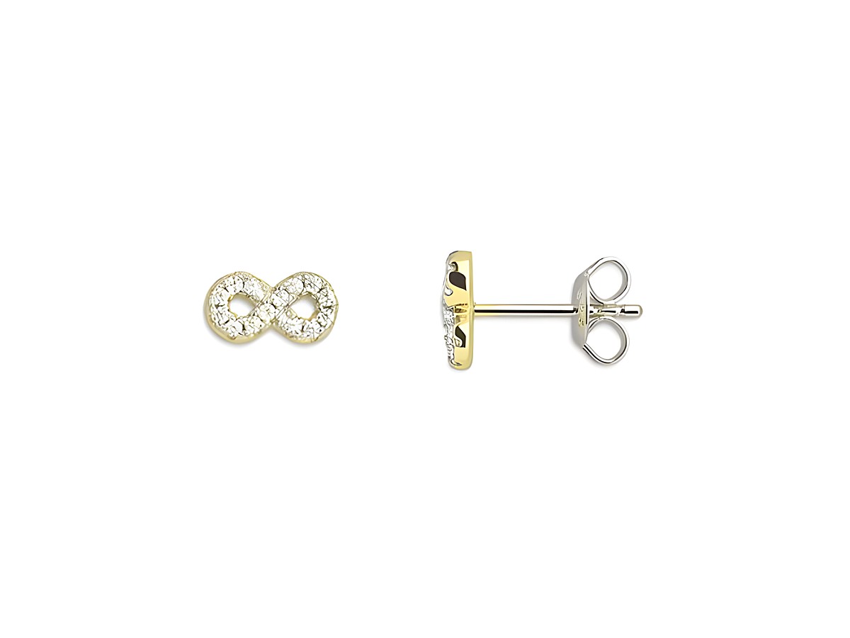 Zwei Xenox Sterling Silber Ohrringe in gelbgold vergoldet mit Infinity-Symbol und glitzernden Steinen, detaillierte Ausführung und elegantes Design für Ohrschmuck.