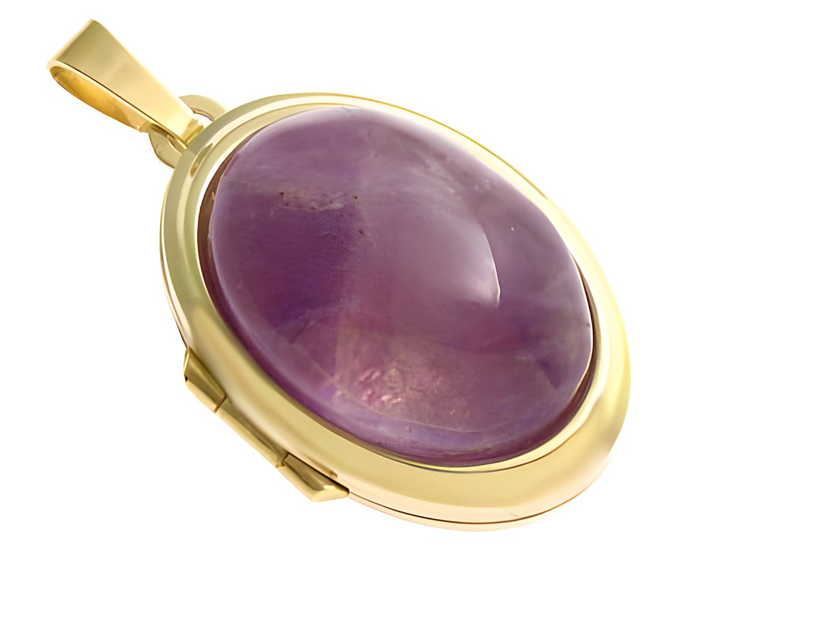 Amethyst Cabochon in Gold 750 Medaillon, Hersteller: Juwelier Harnisch, elegantes Design mit klaren Linien und strahlendem lila Farbton, ideal als Schmuckstück für besondere Anlässe.