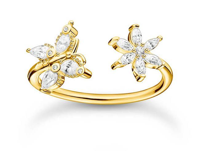 56969812-0 Thomas Sabo Charming Schmetterling Ring aus Sterling Silber in vergoldeter Ausführung mit Zirkonia in weiß, Größe 54, elegant und verspielt mit zwei Schmetterlingsmotiven.