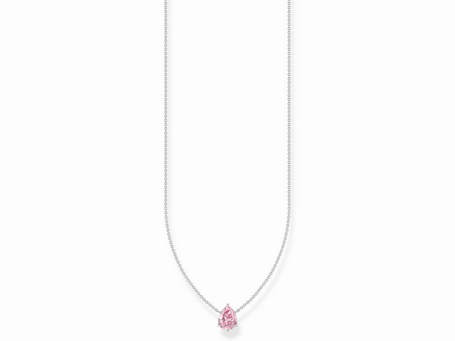 Silberne Kette von Thomas Sabo mit einem großen rosa-pinken Zirkoniatropfen als Anhänger, verstellbar von 40 bis 45 cm. Elegant und modern, perfekt für jeden Anlass.