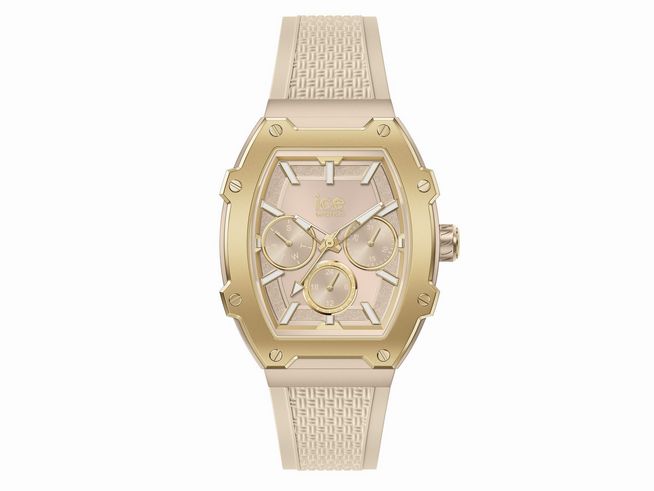 Die Ice Watch Uhr 022864 ICE boliday Creamy Nude Small zeigt ein elegantes Design mit einem cremefarbenen Ziffernblatt und goldfarbener Lünette sowie einem strukturierten Armband aus Silikon.