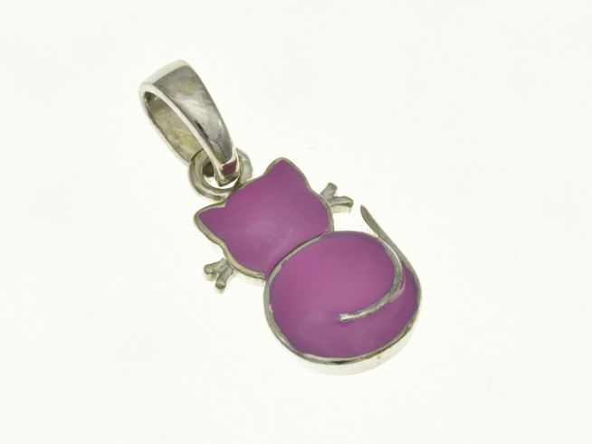 Katze Anhänger aus rhodiniertem Sterling Silber mit pinker Lackbeschichtung, ideal für Kinder, Hersteller Juwelier Harnisch.