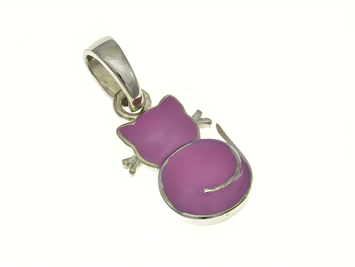 Katze Anhänger aus rhodiniertem Sterling Silber mit pinker Lackbeschichtung, ideal für Kinder, Hersteller Juwelier Harnisch.
