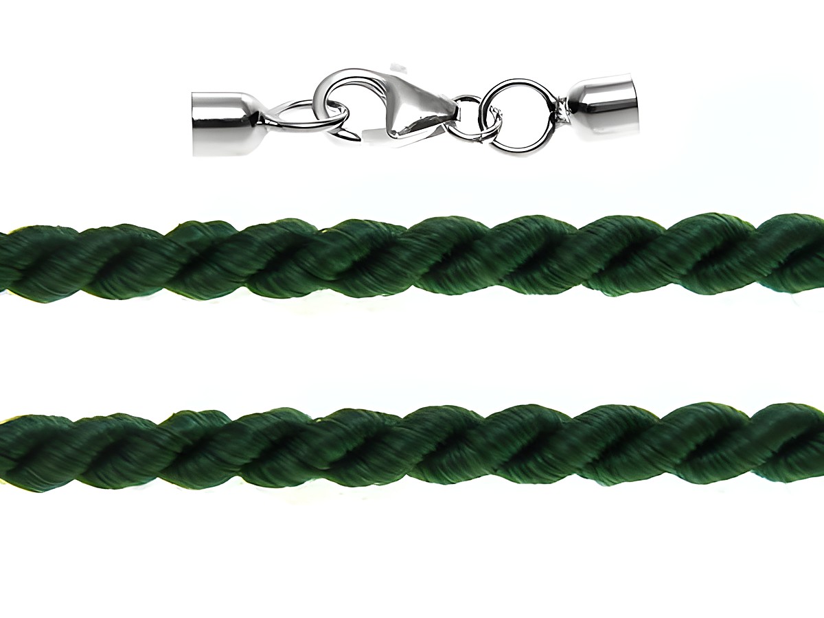 Kordel gedreht 90 cm Grün 3 mm mit Silber Karabiner, Hersteller Juwelier Harnisch, 3 mm grün mit Silber Karabiner, ideal für Schmuckdesign oder Accessoires.