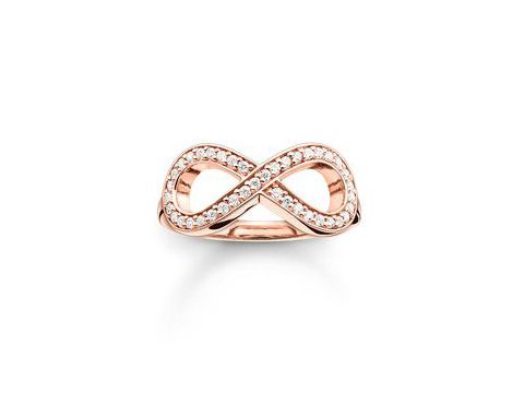 Midi Ring von Thomas Sabo aus Sterling Silber in vergoldetem Roségold mit Zirkonia, Größe 44, zeigt ein stilisiertes Unendlichkeitssymbol. Elegant und zeitlos.