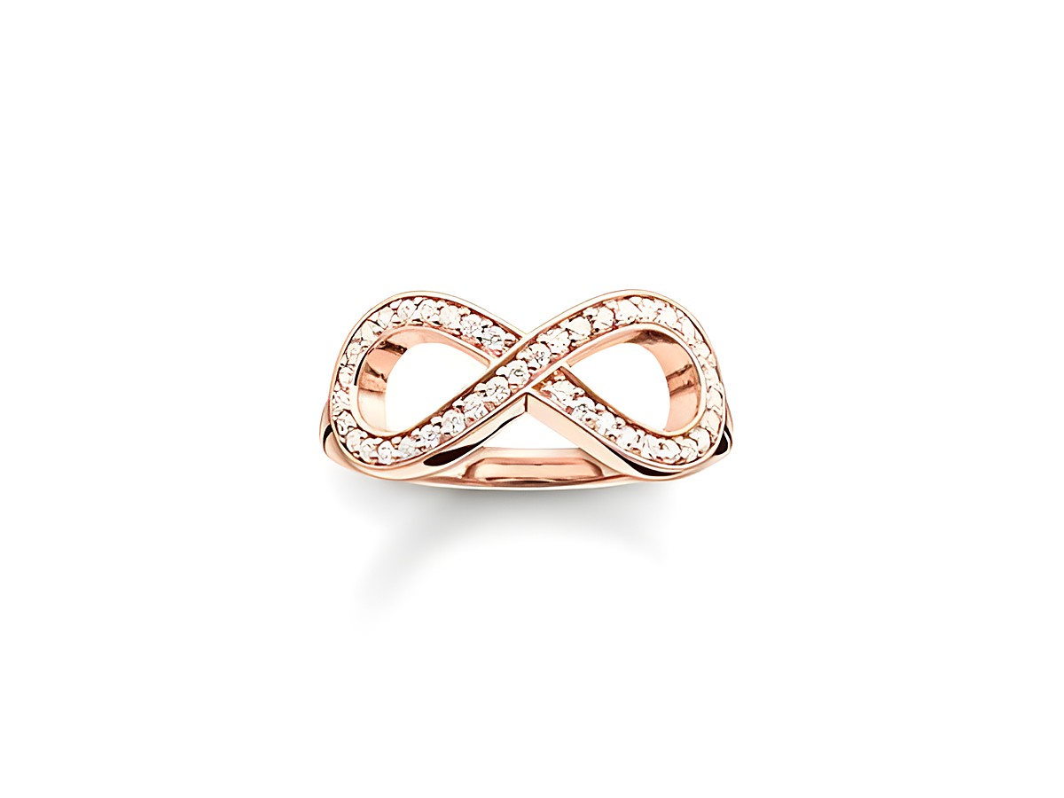 Midi Ring von Thomas Sabo aus Sterling Silber in vergoldetem Roségold mit Zirkonia, Größe 44, zeigt ein stilisiertes Unendlichkeitssymbol. Elegant und zeitlos.