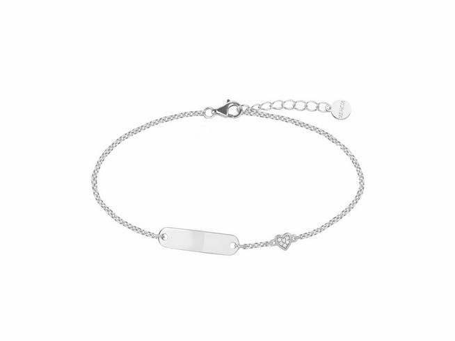Xenox Sterling Silber Armband XS3503 in 14-16 cm mit Ankerkette, Herzanhänger und gravierbarer Platte, ideal für persönliche Gravuren und elegantes Tragen.