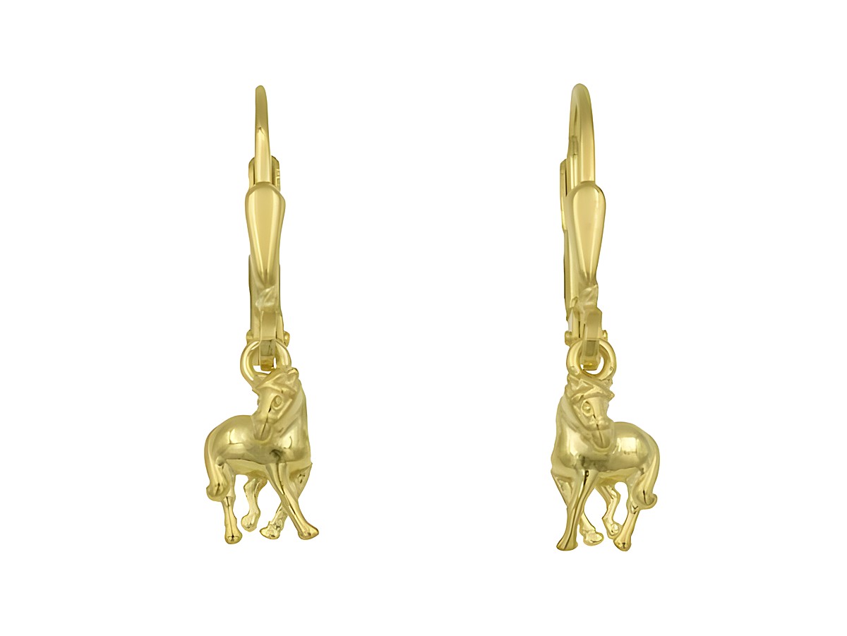 Ohrringe Ohrhänger in Form eines Pferdes aus Sterling Silber, gelbgold vergoldet, hergestellt von Juwelier Harnisch, geeignet für Kinder.