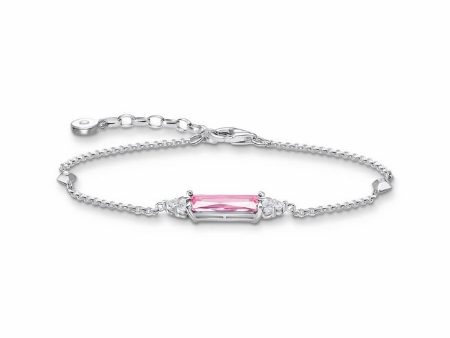 Silbernes Armband von Thomas Sabo mit pinkem Zirkonia im Oktagon-Design, verziert mit weiteren Zirkonia, verstellbare Länge von 16 bis 19 cm.