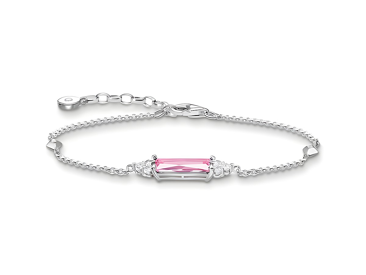 Silbernes Armband von Thomas Sabo mit pinkem Zirkonia im Oktagon-Design, verziert mit weiteren Zirkonia, verstellbare Länge von 16 bis 19 cm.