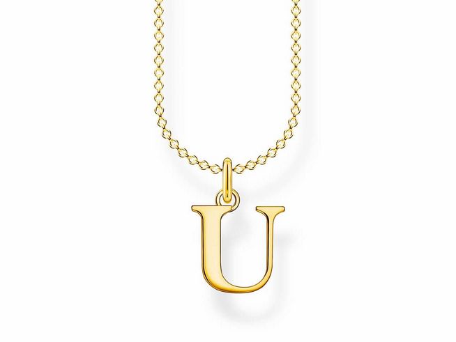Eine feine Kette aus vergoldetem Silber mit einem großen Buchstabenanhänger "U". Die Kette ist 38 bis 45 cm lang und hat eine elegante, glänzende Oberfläche.