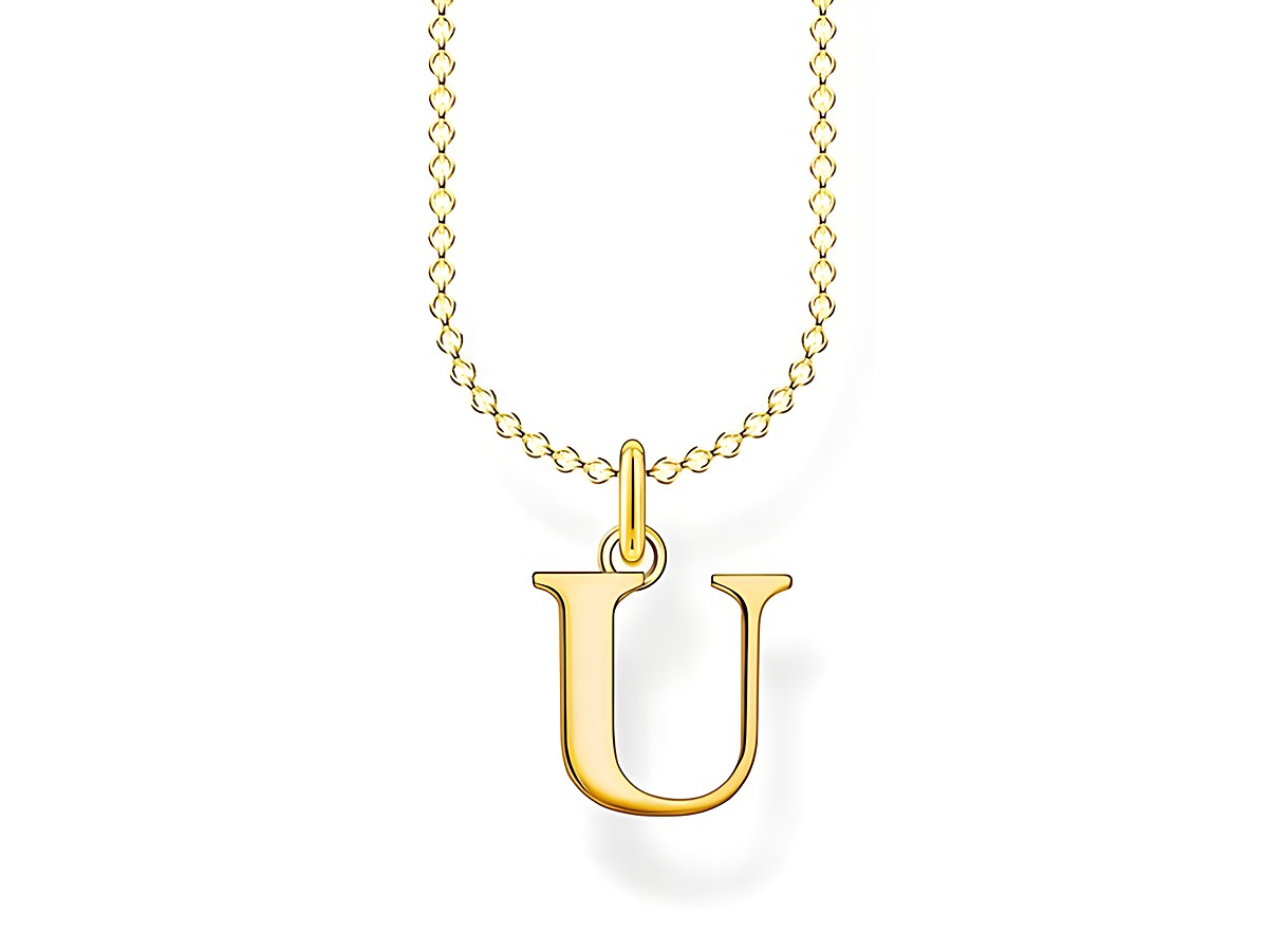 Eine feine Kette aus vergoldetem Silber mit einem großen Buchstabenanhänger "U". Die Kette ist 38 bis 45 cm lang und hat eine elegante, glänzende Oberfläche.