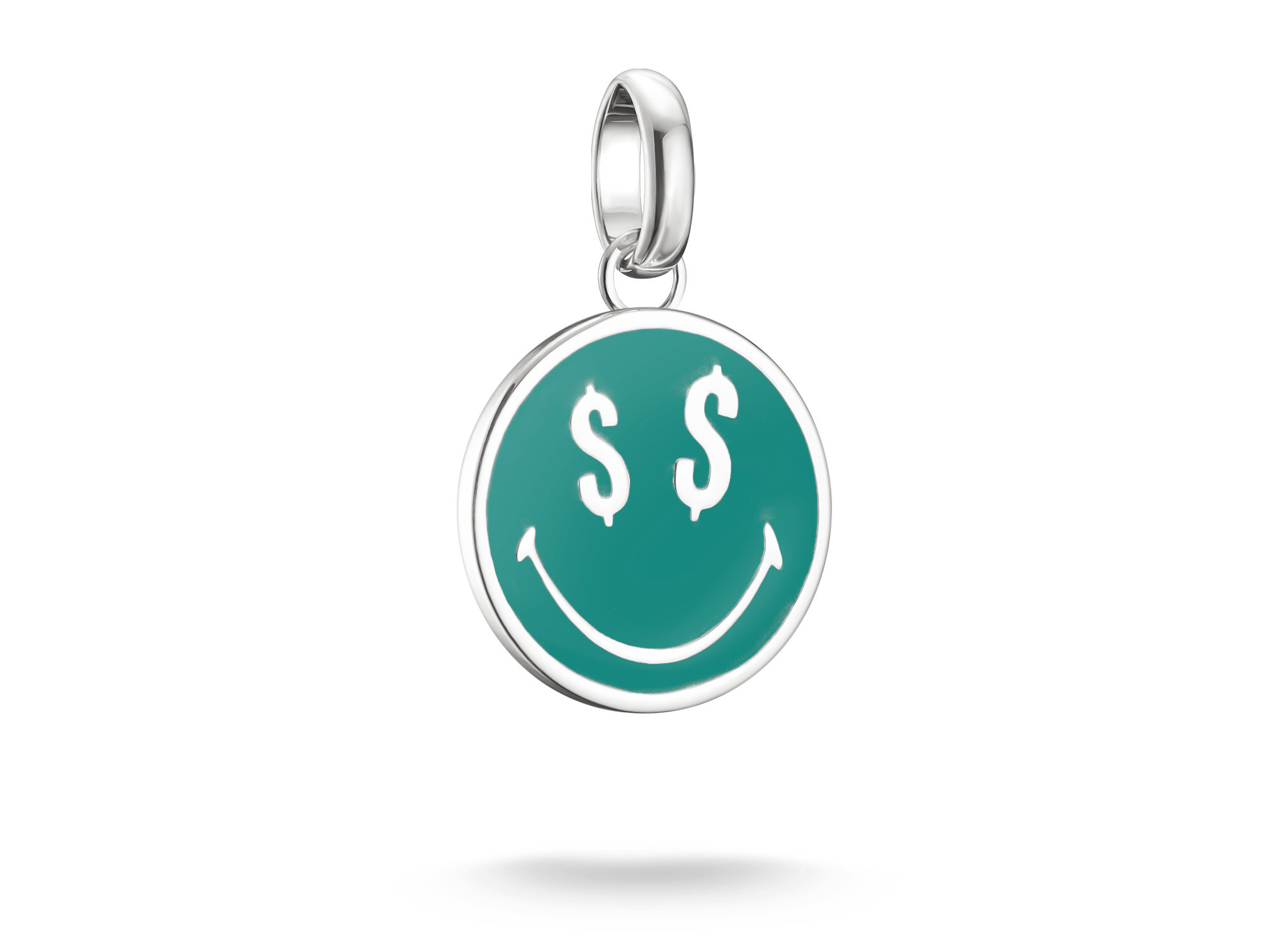 Thomas Sabo Charm in Form eines lächelnden Gesichts mit Dollarzeichen in der Mitte auf aquamarinfarbigem Hintergrund, aus Silber gefertigt, ideal für Armbänder oder Ketten.