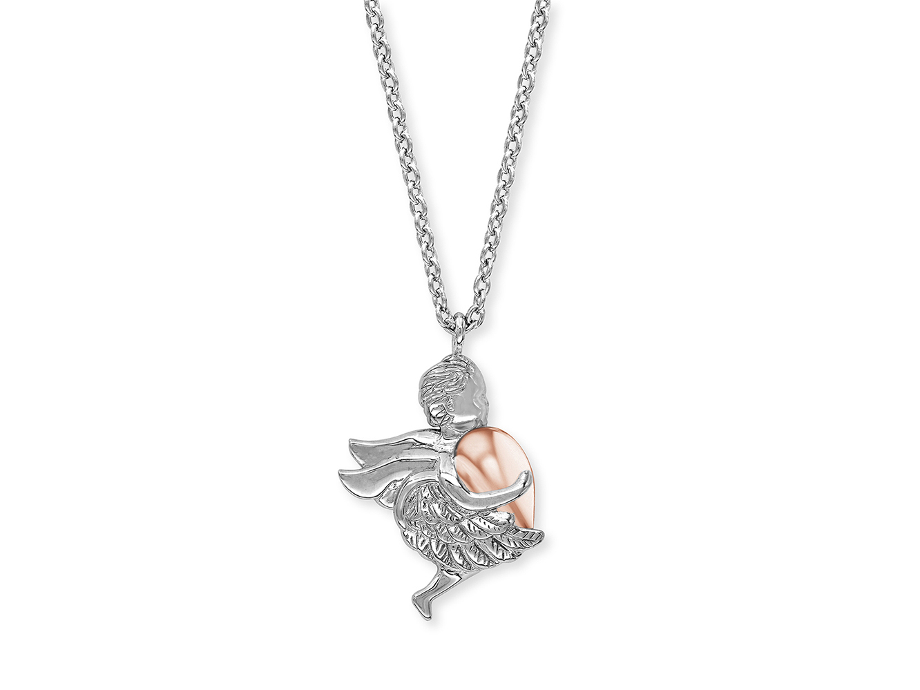 Kette mit Anhänger eines Engels in Bicolor-Design, roségoldvergoldet und silber, mit Herzflügeln, 42 cm lang, elegant und filigran, geeignet für jeden Anlass.
