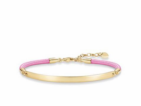 Silber vergoldetes Love Bridge Armband von Thomas Sabo mit pinkem Nylon, flexibel in der Größe von 16,5 bis 19,5 cm, elegantes Schmuckstück ideal für modebewusste Frauen.