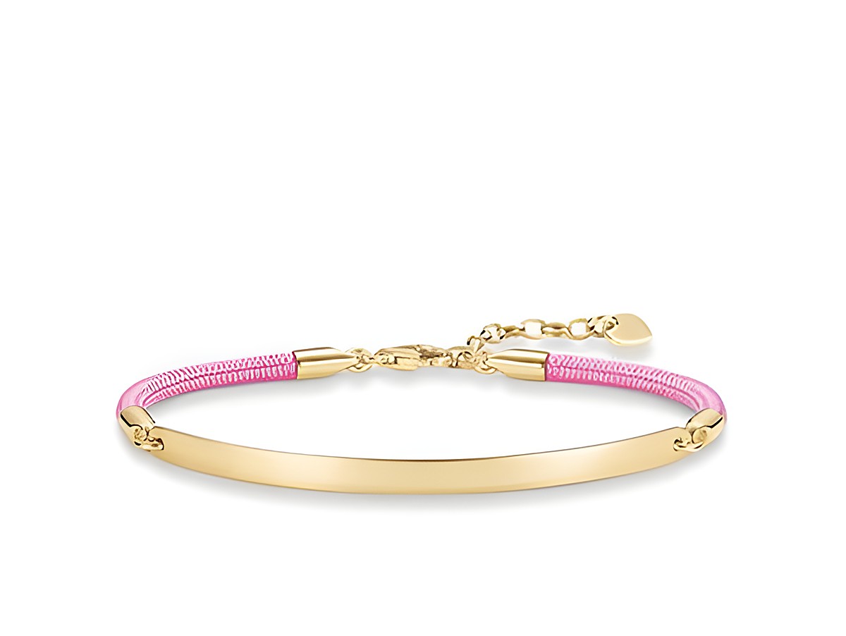 Silber vergoldetes Love Bridge Armband von Thomas Sabo mit pinkem Nylon, flexibel in der Größe von 16,5 bis 19,5 cm, elegantes Schmuckstück ideal für modebewusste Frauen.