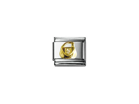 NOMINATION Classic Zirkonia Handtasche 030308 31, Hersteller: Nomination, Zirkonia, zeigt eine stilisierte Handtasche aus silbernem Metall mit einem goldenen Akzent und einem funkelnden Zirkonia.