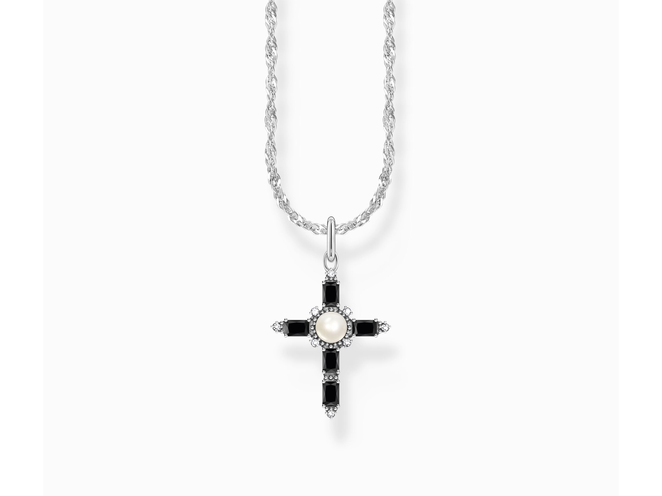Kreuzanhänger aus schwarzem Zirkonia und einer Süßwasserzuchtperle an einer silbernen Kette von Thomas Sabo, elegant und modern, ideal für verschiedene Anlässe, verstellbare Länge von 40 bis 45 cm.