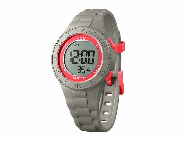 Die Ice Watch 021623 in Dusty Coral und Grau zeigt ein digitales Zifferblatt mit roten Akzenten, einem sportlichen Armband und einer Wasserresistenz von 100 Metern.