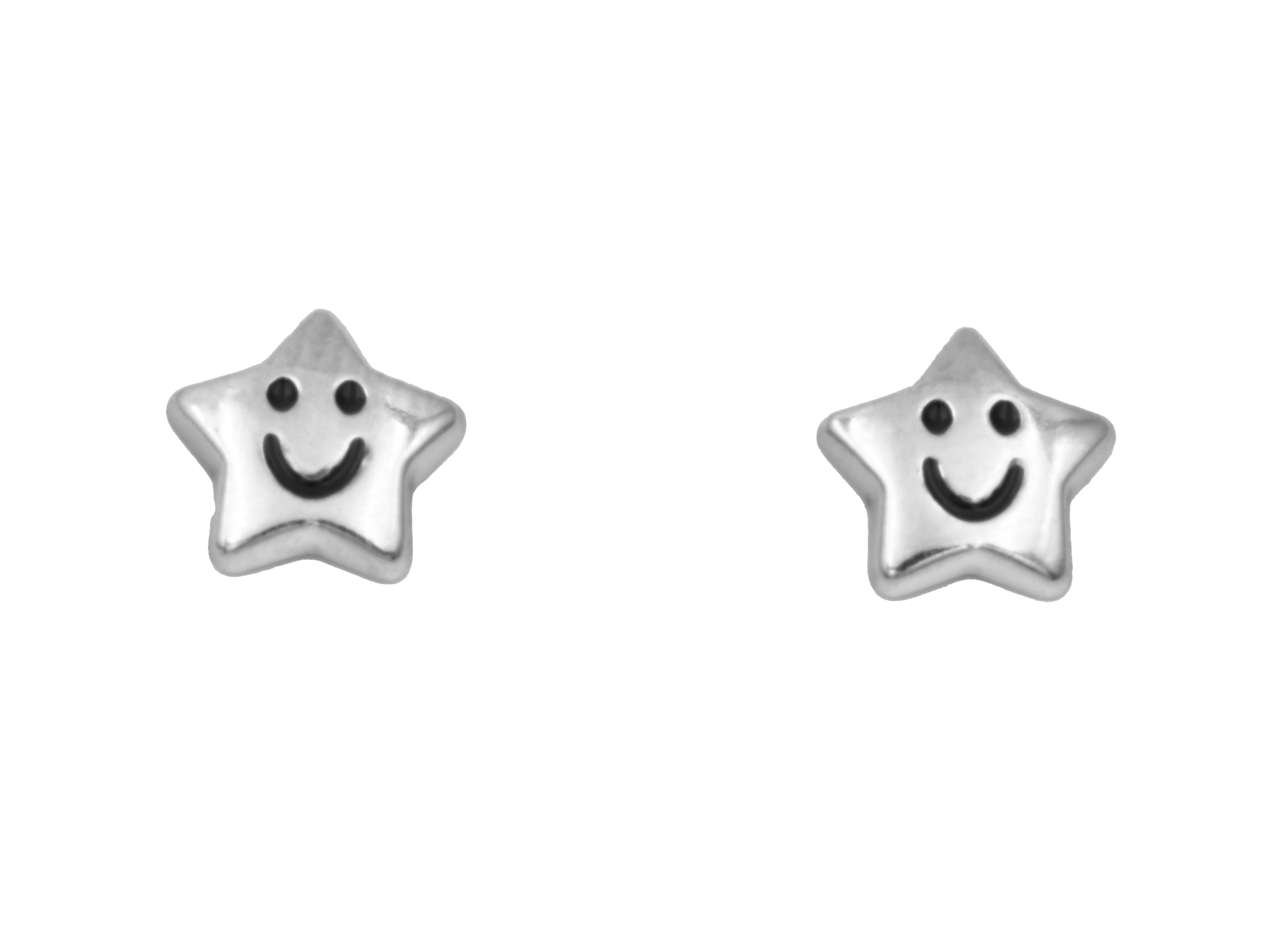 Ohrringe in Form von Sternchen mit lächelndem Gesicht aus rhodiniertem Sterling Silber und Emaille, hergestellt von Juwelier Harnisch, Neuheiten Silber.