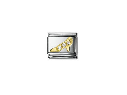 NOMINATION Classic Zirkonia Schuh und Absatz mit goldener Stiletto-Silhouette und drei funkelnden Zirkonia, aus hochwertigen Materialien gefertigt, ideal für individuelle Armbänder.