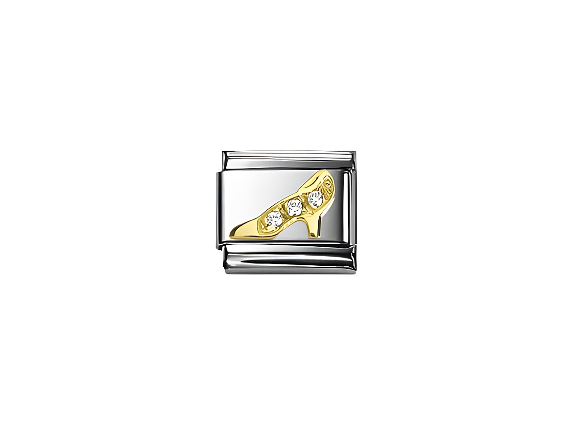 NOMINATION Classic Zirkonia Schuh und Absatz mit goldener Stiletto-Silhouette und drei funkelnden Zirkonia, aus hochwertigen Materialien gefertigt, ideal für individuelle Armbänder.