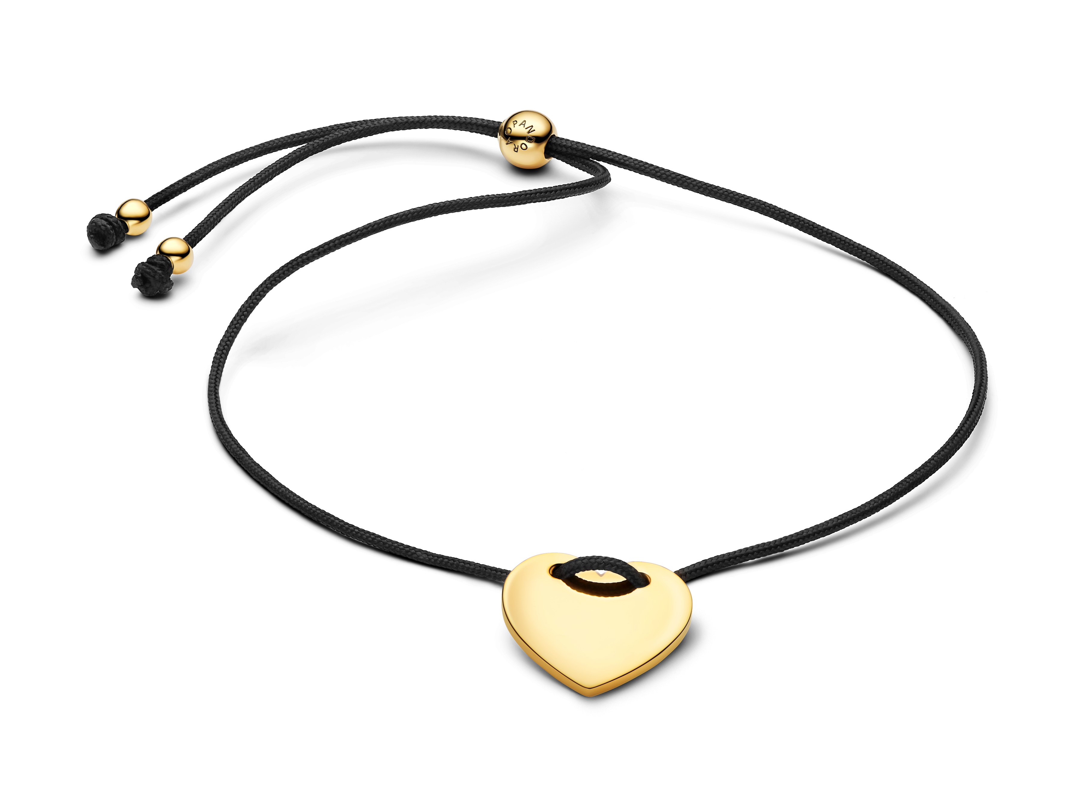Herzanhänger von Pandora in Gelbgold Vergoldung, mit schwarzer Textilkordel und Schiebeverschluss, verstellbar bis 28 cm, modernes und elegantes Schmuckstück.