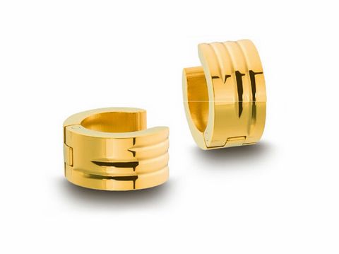 Edelstahl Creolen mit Streifen Muster in Goldfarben, Durchmesser 1,3 cm, Breite 6,9 mm, von Juwelier Harnisch. Zeitloses Design für stilvolle Akzente.