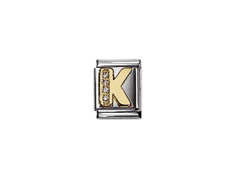 NOMINATION Big Buchstabe K 032301 11,Hersteller: Nomination,Buchstaben Zirkonia, goldfarbener Buchstabe K mit Zirkonia-Steinen auf silbernem Hintergrund, hochwertiger Charm für Armbänder.