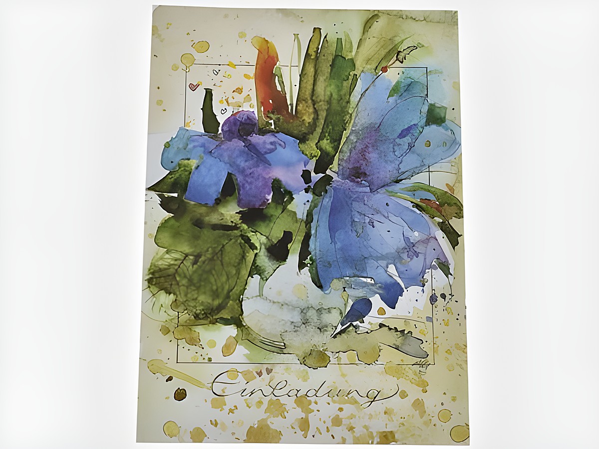 Einladungskarte mit einem Aquarell Blumenstrauß in sanften Farben. Die Karte zeigt eine künstlerische Darstellung von Blumen und dem Schriftzug Einladung am unteren Rand.