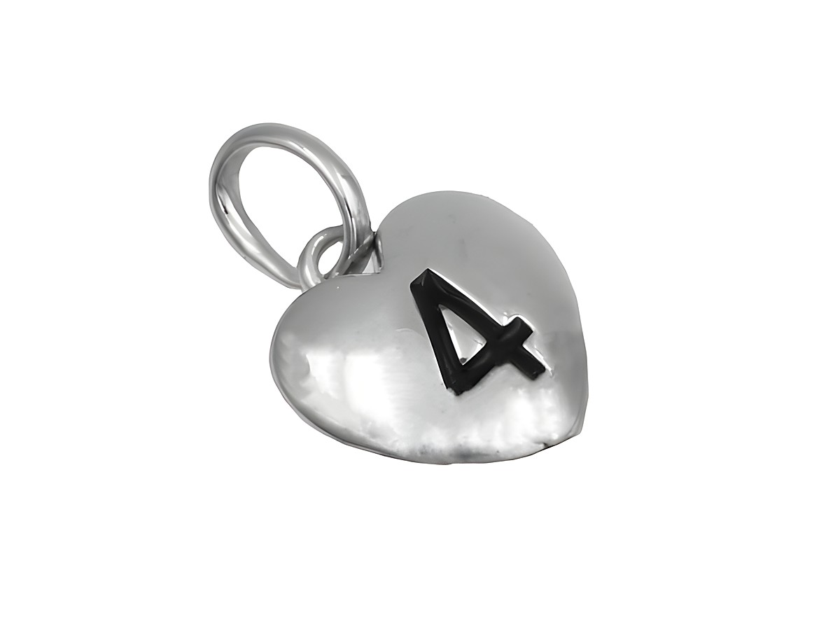Anhänger Herz 4 aus 925 Sterling Silber, poliert und rhodiniert, mit schwarzer Zahl 4, ideal für individuelle Schmuckstücke, hergestellt von Juwelier Harnisch.