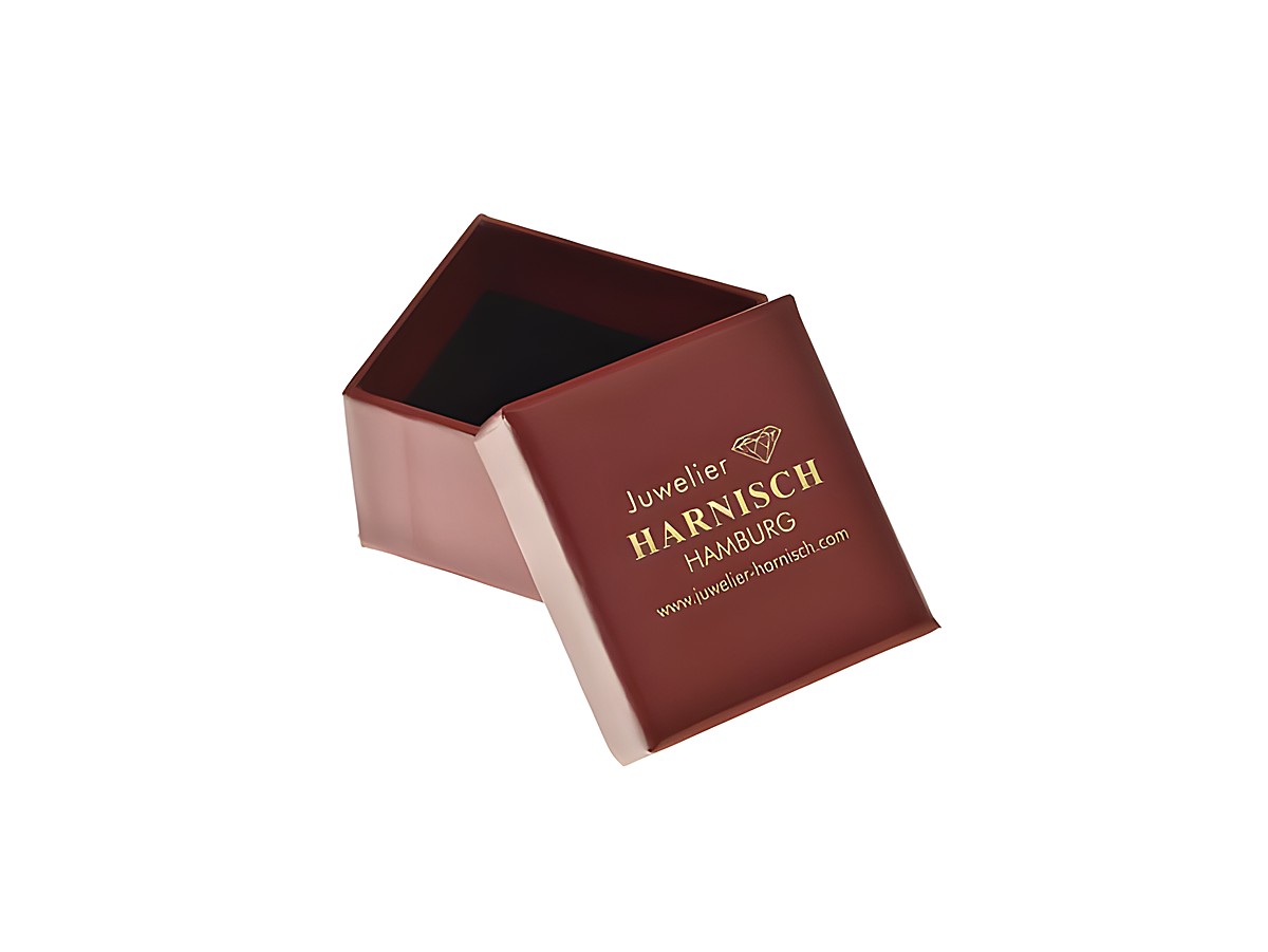 Geschenkschachtel viereckig rot schwarz mit den Maßen 45 x 40 x 30 mm von Juwelier Harnisch, ideal für Schmuck und kleine Geschenke, elegant und ansprechend.
