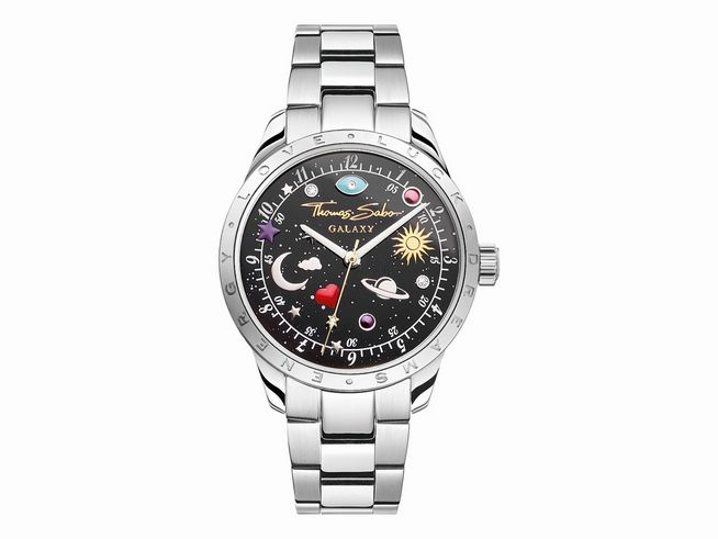 Thomas Sabo Damenuhr WA0402-201-203-34 MM aus Edelstahl in Schwarz mit buntem Zifferblatt, das Planeten und Symbole zeigt, verziert mit einem silbernen Armband.