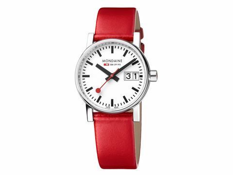 Mondaine Uhr MSE.30210.LCV evo2 aus Edelstahl poliert mit einem Durchmesser von 30 mm, weißem Zifferblatt und rotem Lederarmband, ideal für stilbewusste Träger.
