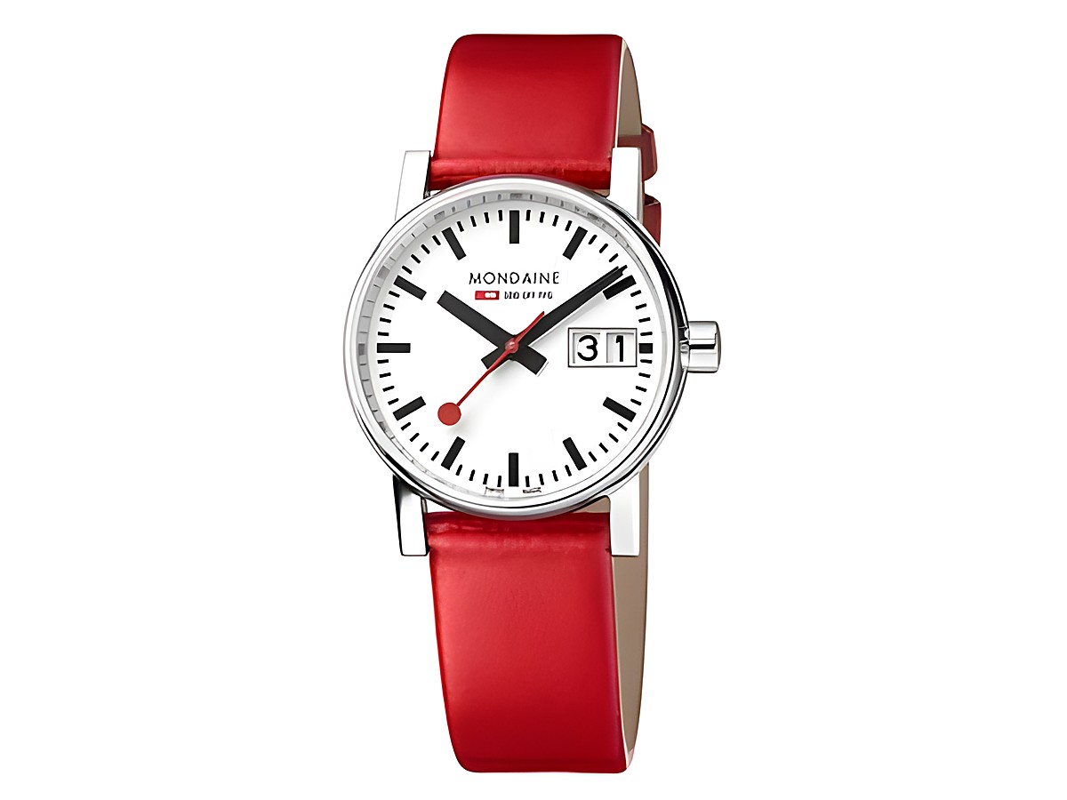 Mondaine Uhr MSE.30210.LCV evo2 aus Edelstahl poliert mit einem Durchmesser von 30 mm, weißem Zifferblatt und rotem Lederarmband, ideal für stilbewusste Träger.