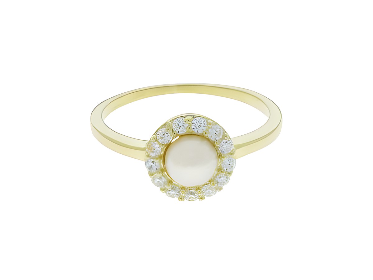 Ring mit einer runden Perle in der Mitte, umgeben von funkelnden Zirkonia, aus Silber vergoldet, klassisches Design, Größe 50, Hersteller Juwelier Harnisch.