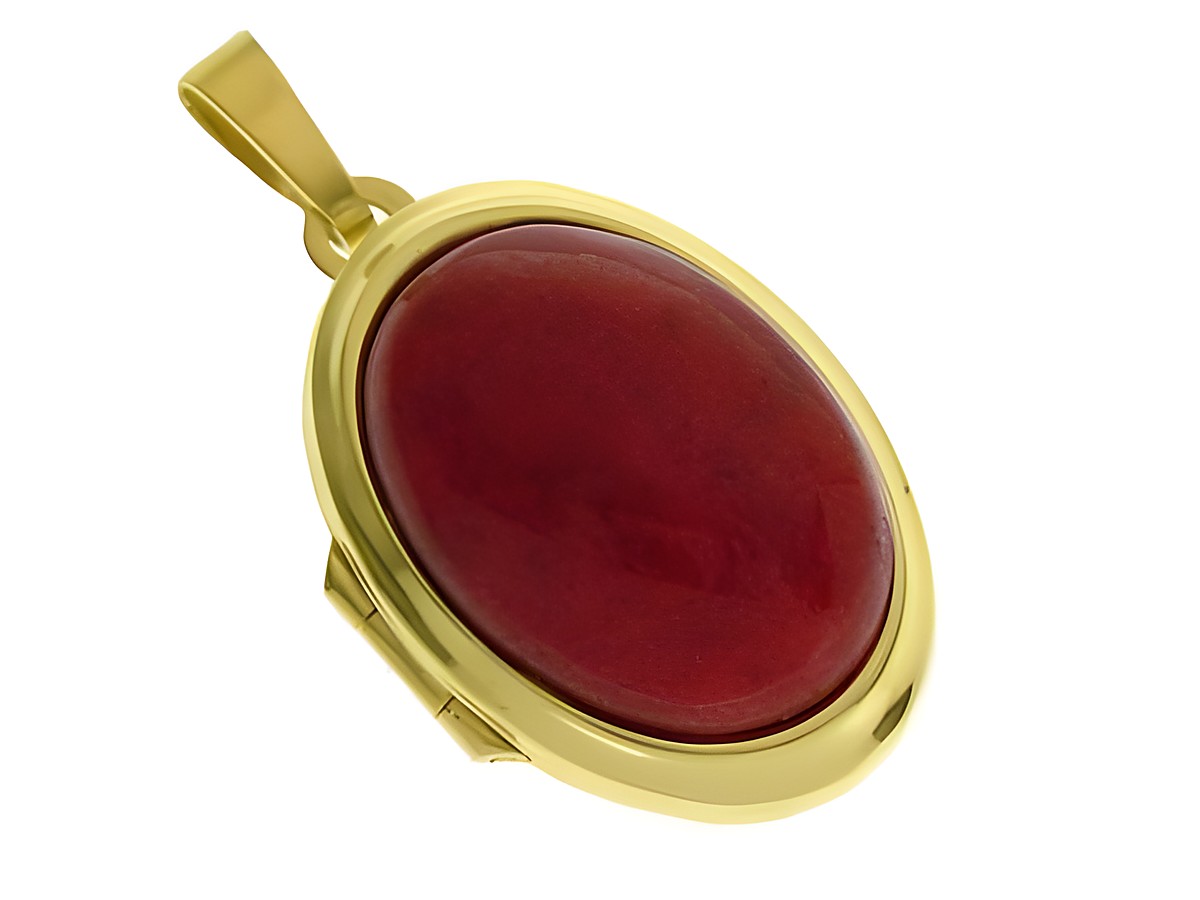 Jade rot Medaillon mit Cabochon in Gold 750, gefertigt vom Juwelier Harnisch, eleganter Schmuck mit edler Ausstrahlung, perfekt für besondere Anlässe.
