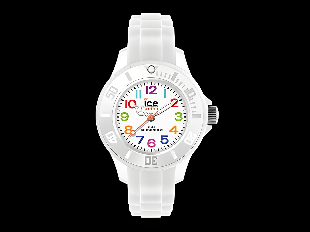 Ice-Watch ICE mini - White - Mini - WEIß - 000744 - Kinderuhr, Hersteller: Ice watch, zeigt eine weiße Kinderuhr mit bunten Ziffern und einem strapazierfähigen Armband.