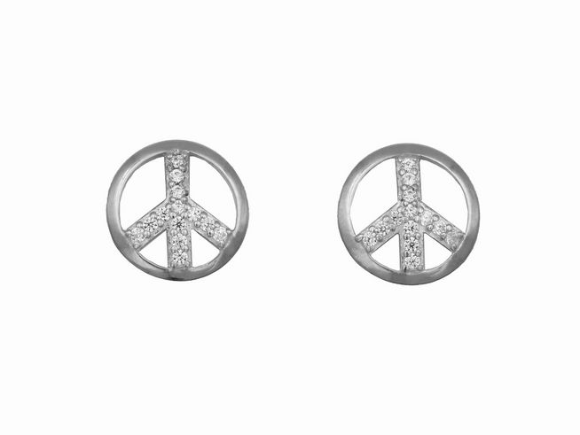 Ohrringe Ohrstecker mit Peace Symbol aus rhodiniertem Sterling Silber, verziert mit Zirkonia, Hersteller Juwelier Harnisch.