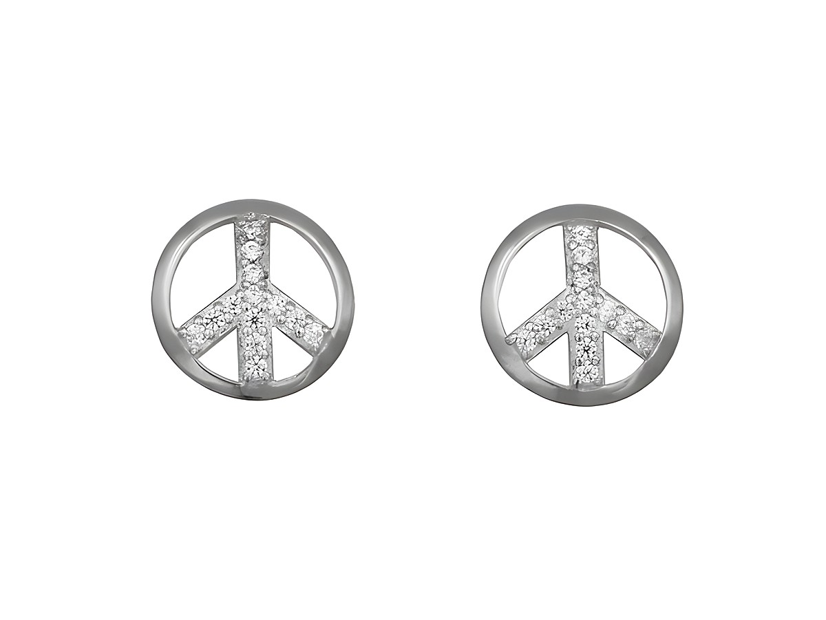 Ohrringe Ohrstecker mit Peace Symbol aus rhodiniertem Sterling Silber, verziert mit Zirkonia, Hersteller Juwelier Harnisch.