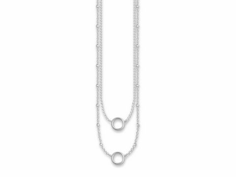 Silberne Charm Kette von Thomas Sabo, X0234-001-12-L45v, mit drei variablen Längen von 40, 42,5 und 45 cm, präsentiert eine elegante Doppelansicht mit runden Anhängern.