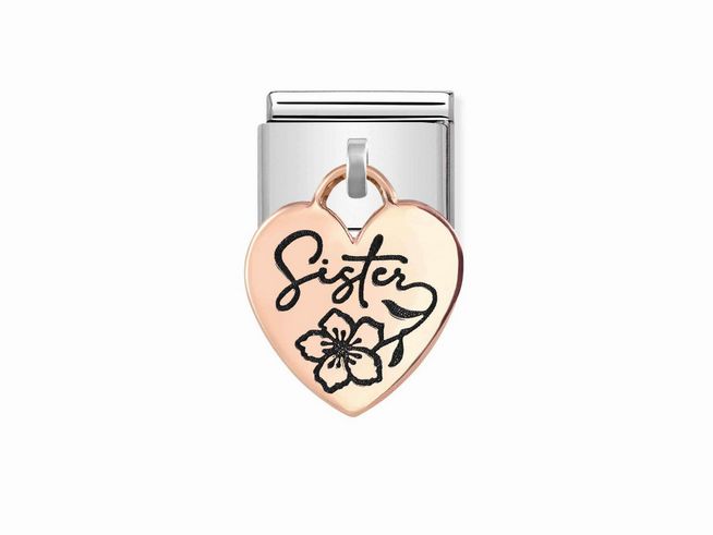 Charm-Anhänger in Roségold 375 mit herzförmigem Design und Gravur "Sister" sowie einer zeichnerischen Blume, passend für die Nomination Classic Charms Kollektion.