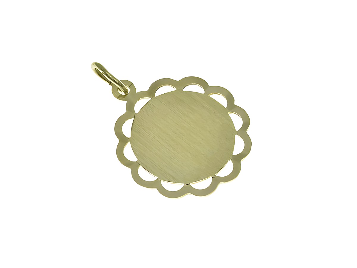 Gravurplatte aus Gold 333 mit einem Durchmesser von 21 x 18 mm, gefertigt von Juwelier Harnisch, mit einem gewellten Rand für individuelle Gravuren. Ideal als persönliches Schmuckstück.
