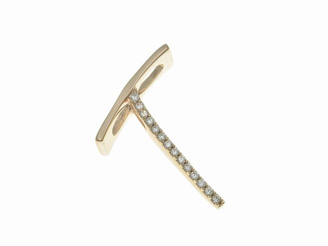 Anhänger aus Sterling Silber in Form des Buchstabens T, poliert und vergoldet in Roségold mit Zirkonia, Hersteller Juwelier Harnisch, elegantes und zeitloses Design.