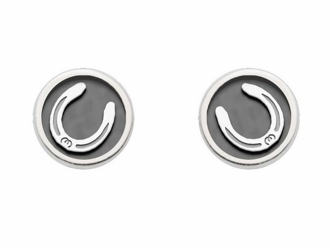 DUR Ohrring Pferdeglück Hufeisen O5508 aus rhodiniertem Sterling Silber, mit elegantem Hufeisen-Design auf schwarzem Hintergrund, ideal für Pferdefreunde.