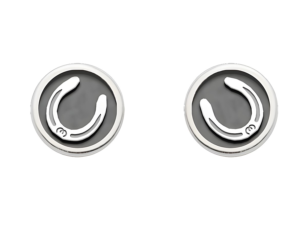 DUR Ohrring Pferdeglück Hufeisen O5508 aus rhodiniertem Sterling Silber, mit elegantem Hufeisen-Design auf schwarzem Hintergrund, ideal für Pferdefreunde.